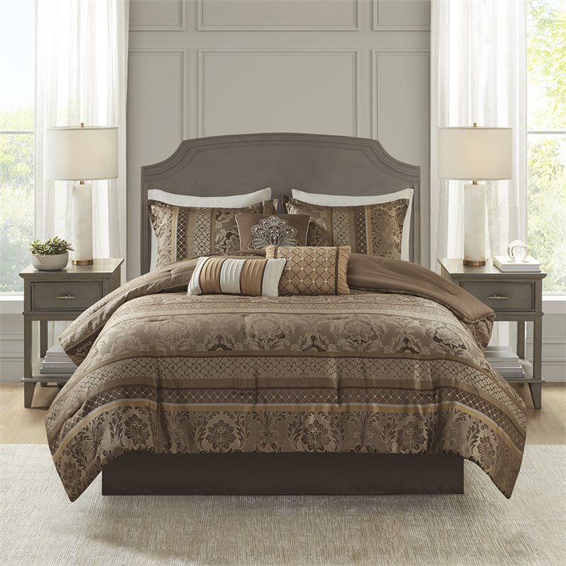 Madison Park Bellagio 7-Piece Jacquard Microfiber Comforter Set in Brown