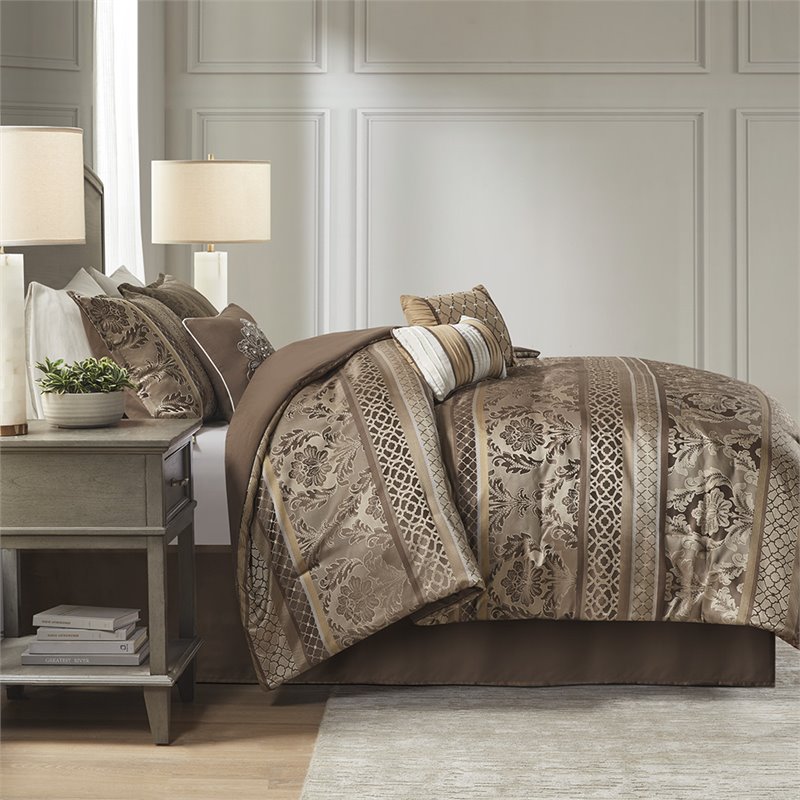 Madison Park Bellagio 7-Piece Jacquard Microfiber Comforter Set in Brown