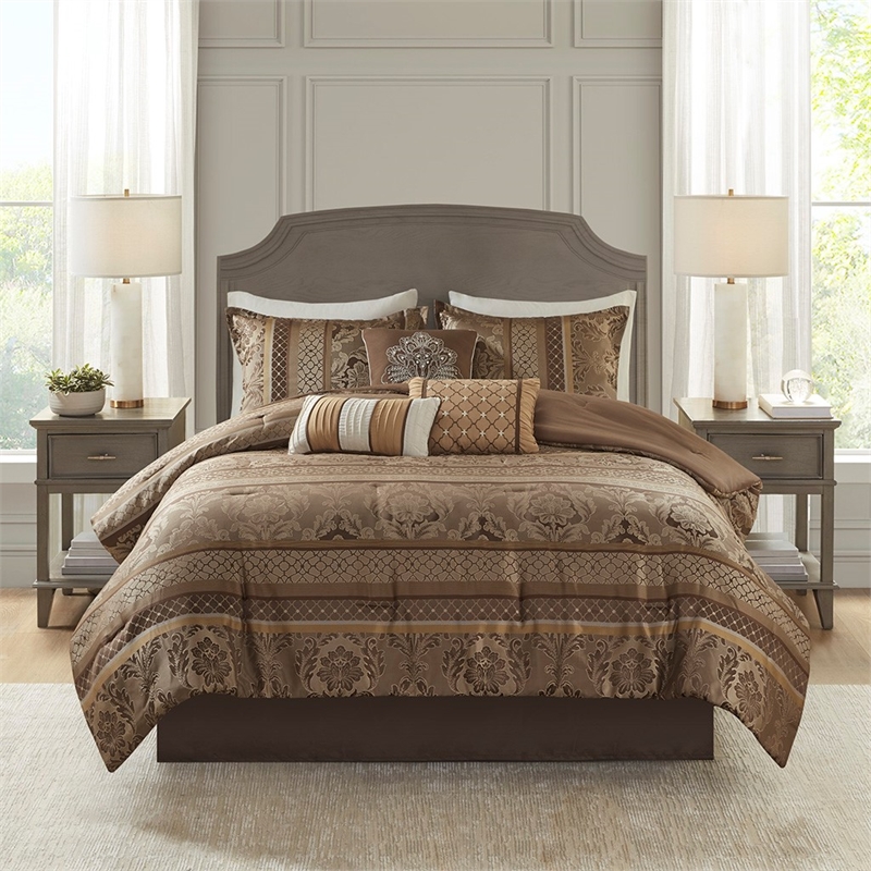 Madison Park Bellagio 7-Piece Polyester Jacquard Comforter Set in Brown