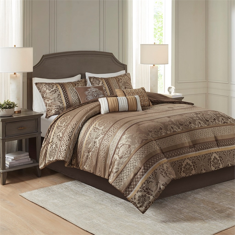 Madison Park Bellagio 7-Piece Polyester Jacquard Comforter Set in Brown