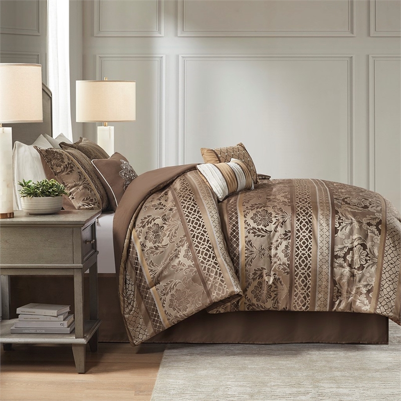 Madison Park Bellagio 7-Piece Polyester Jacquard Comforter Set in Brown