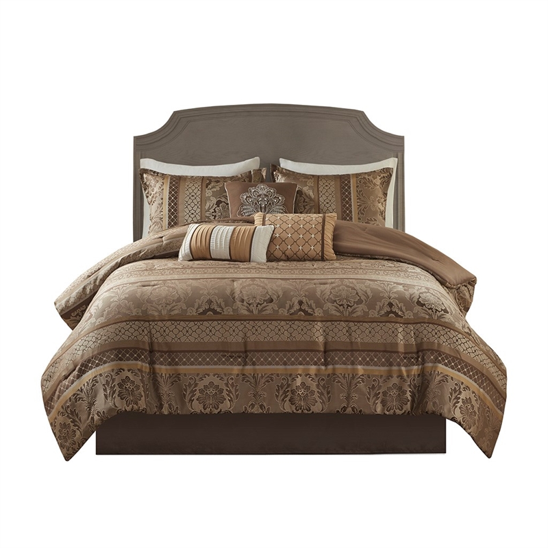 Madison Park Bellagio 7-Piece Polyester Jacquard Comforter Set in Brown