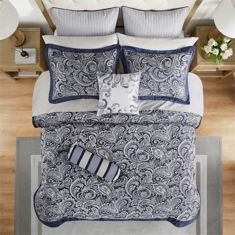 Madison Park Aubrey 12-Piece Polyester Jacquard Comforter Set in Navy
