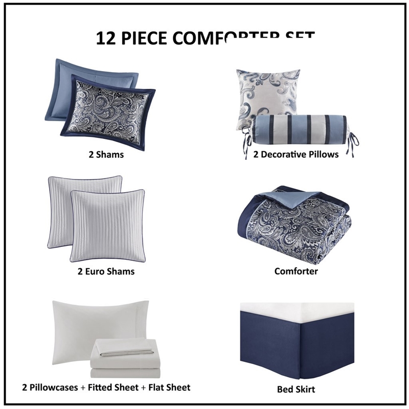 Madison Park Aubrey 12-Piece Polyester Jacquard Comforter Set in Navy