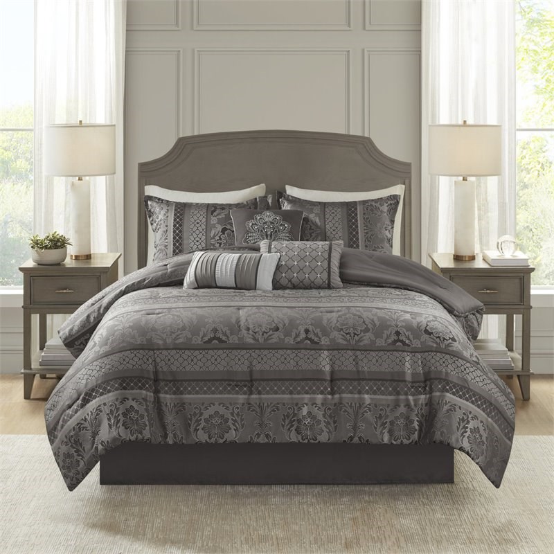 Madison Park Bellagio 7-Piece Polyester Jacquard Comforter Set in Gray
