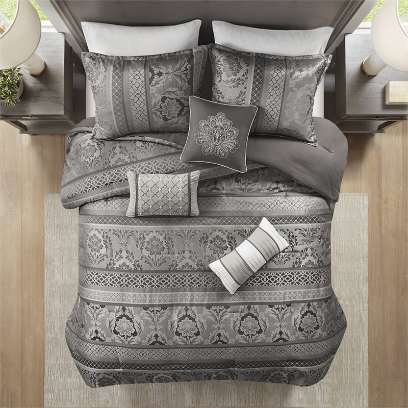 Madison Park Bellagio 7-Piece Polyester Jacquard Comforter Set in Gray