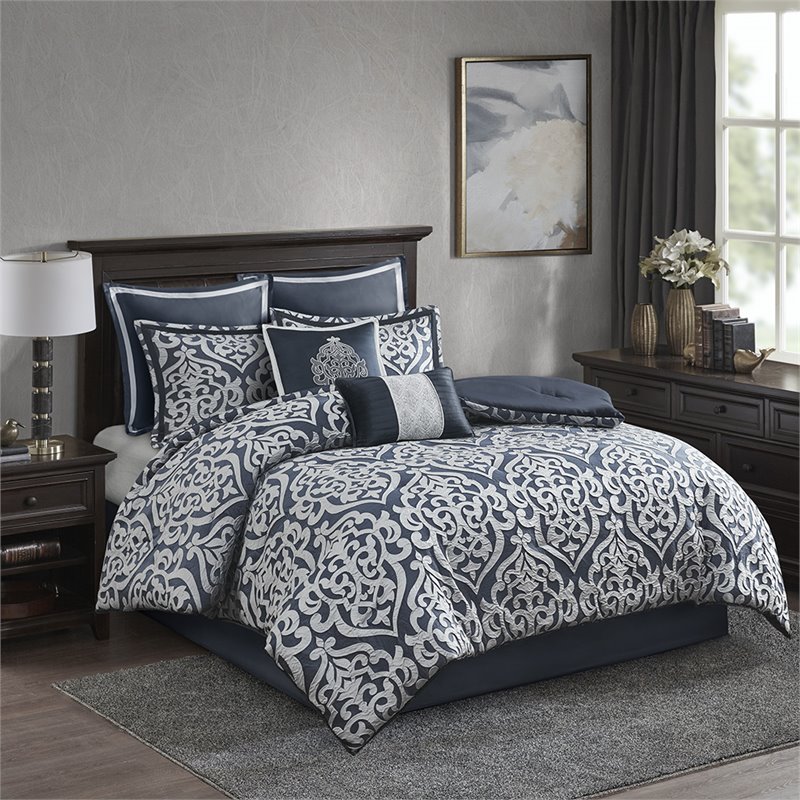 Madison Park Odette 8-Piece Polyester Jacquard Comforter Set in Navy
