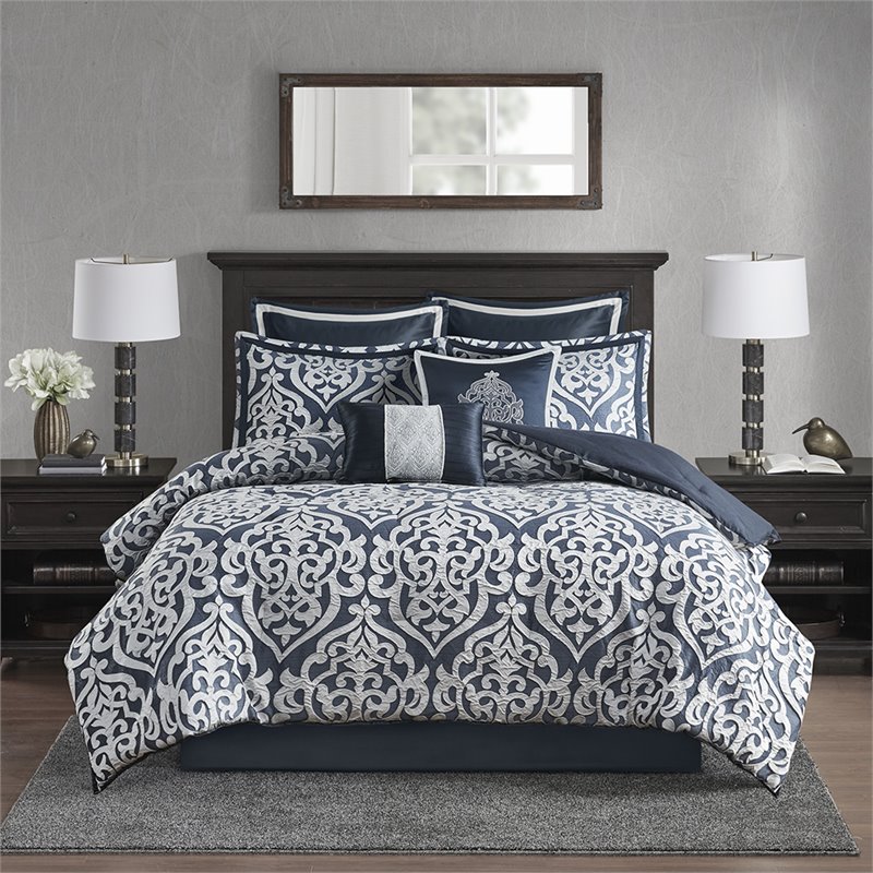 Madison Park Odette 8-Piece Polyester Jacquard Comforter Set in Navy