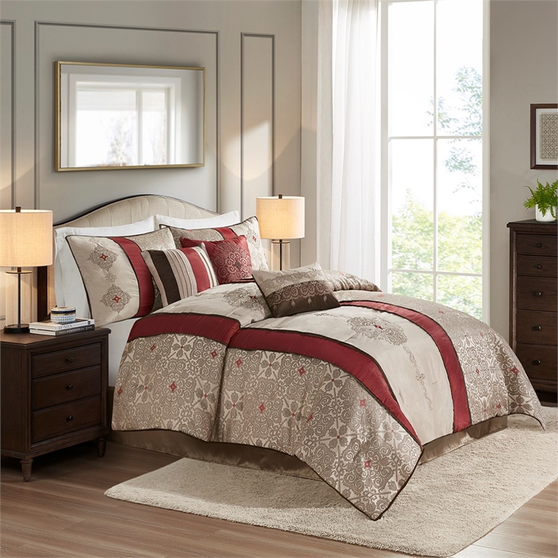 Madison Park 7-Piece Polyester Jacquard Comforter Set with Embroidery in Red