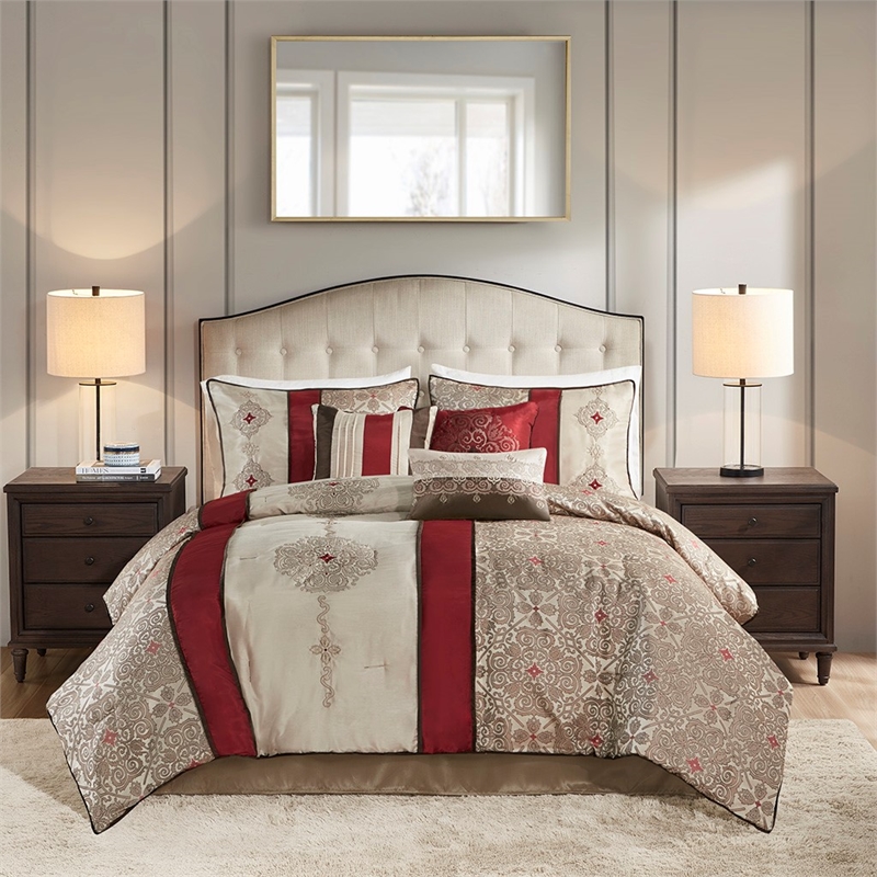 Madison Park 7-Piece Polyester Jacquard Comforter Set with Embroidery in Red