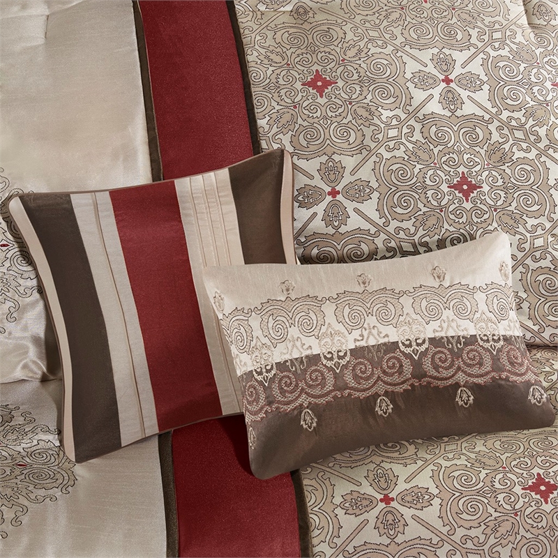 Madison Park 7-Piece Polyester Jacquard Comforter Set with Embroidery in Red
