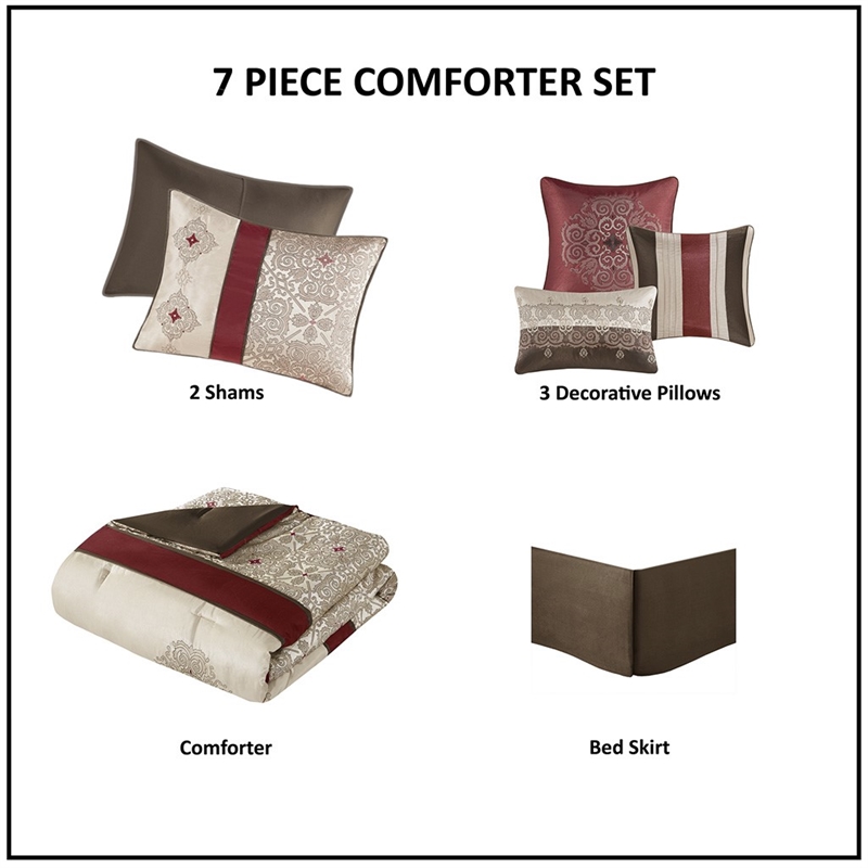 Madison Park 7-Piece Polyester Jacquard Comforter Set with Embroidery in Red
