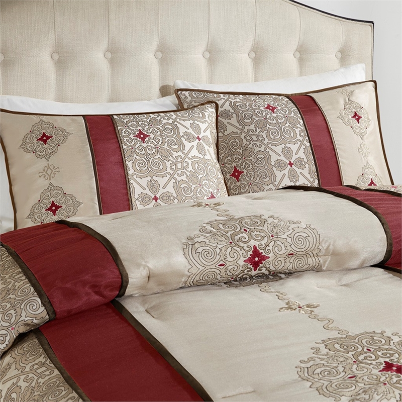 Madison Park 7-Piece Polyester Jacquard Comforter Set with Embroidery in Red