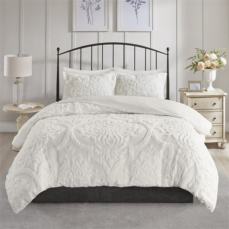 Madison Park Viola 3-Piece Cotton Tufted Full/Queen Duvet Cover Set in Off White