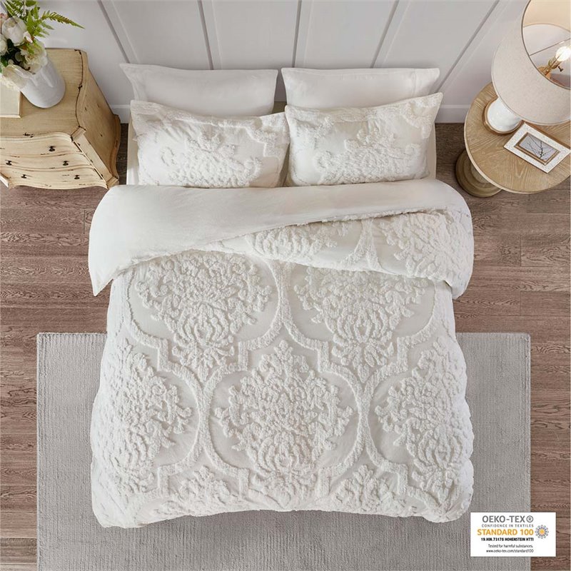 Madison Park Viola 3-Piece Cotton Tufted Full/Queen Duvet Cover Set in Off White