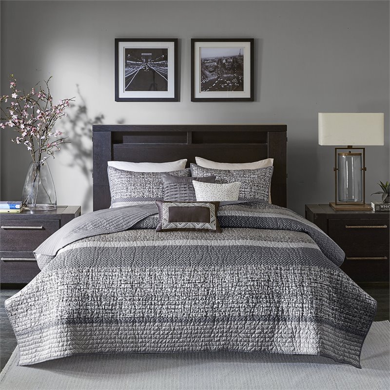 Madison Park Rhapsody 6-Piece Polyester Jacquard Reversible Coverlet Set in Gray