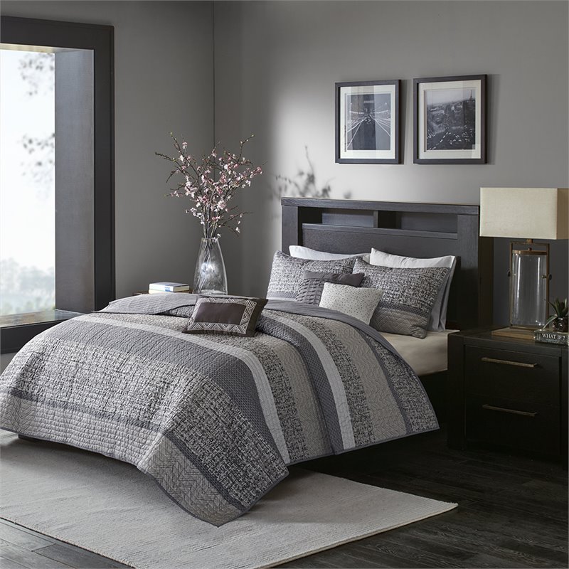 Madison Park Rhapsody 6-Piece Polyester Jacquard Reversible Coverlet Set in Gray