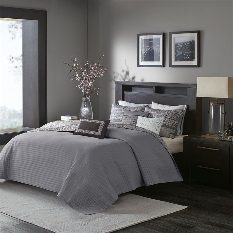 Madison Park Rhapsody 6-Piece Polyester Jacquard Reversible Coverlet Set in Gray