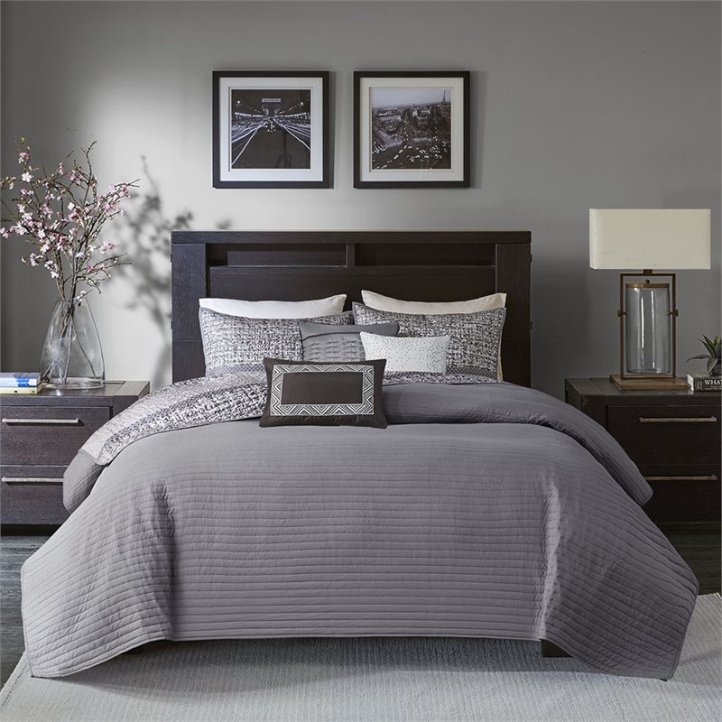 Madison Park Rhapsody 6-Piece Polyester Jacquard Reversible Coverlet Set in Gray