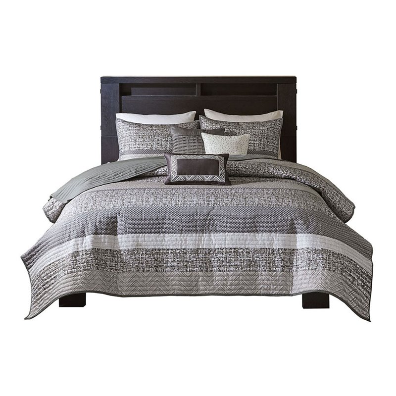 Madison Park Rhapsody 6-Piece Polyester Jacquard Reversible Coverlet Set in Gray