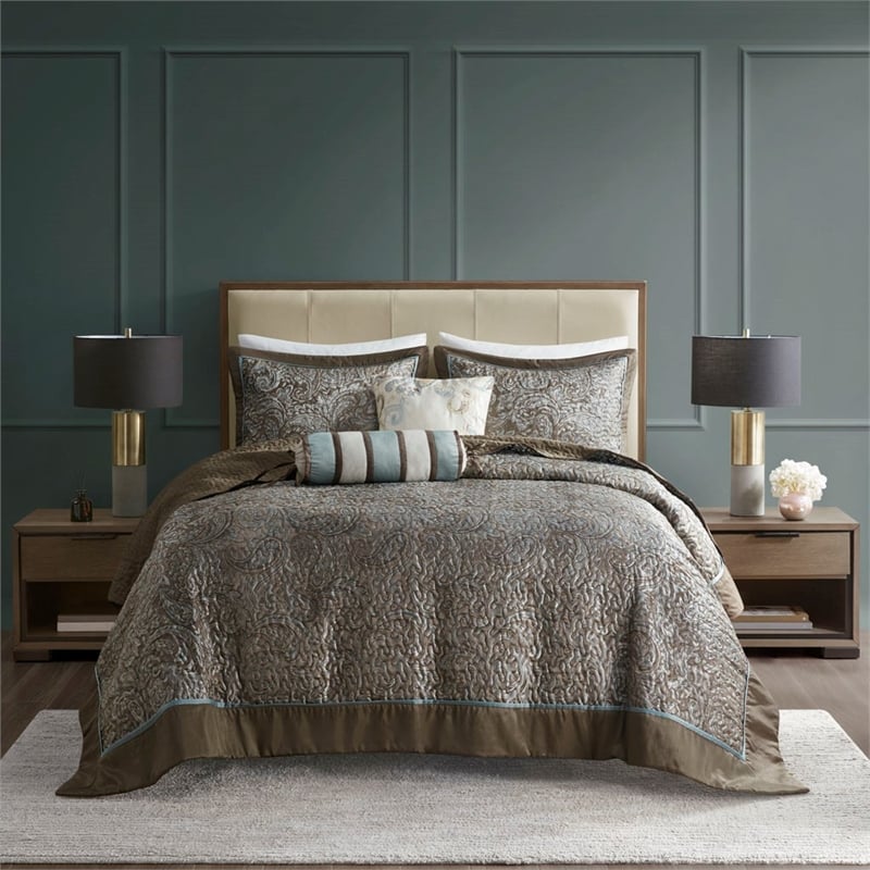 Madison Park Aubrey 5-Piece Polyester Cotton Faux Silk Bedspread Set in Blue