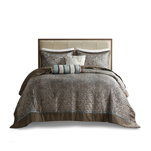 Madison Park Aubrey 5-Piece Polyester Cotton Faux Silk Bedspread Set in Blue