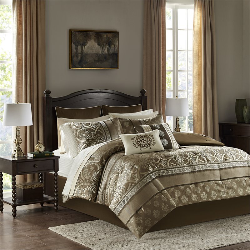 Madison Park Essentials Zara 16-Piece Polyester Jacquard Comforter Set in Brown