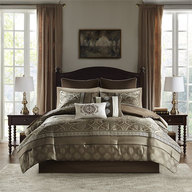 Madison Park Essentials Zara 16-Piece Polyester Jacquard Comforter Set in Brown