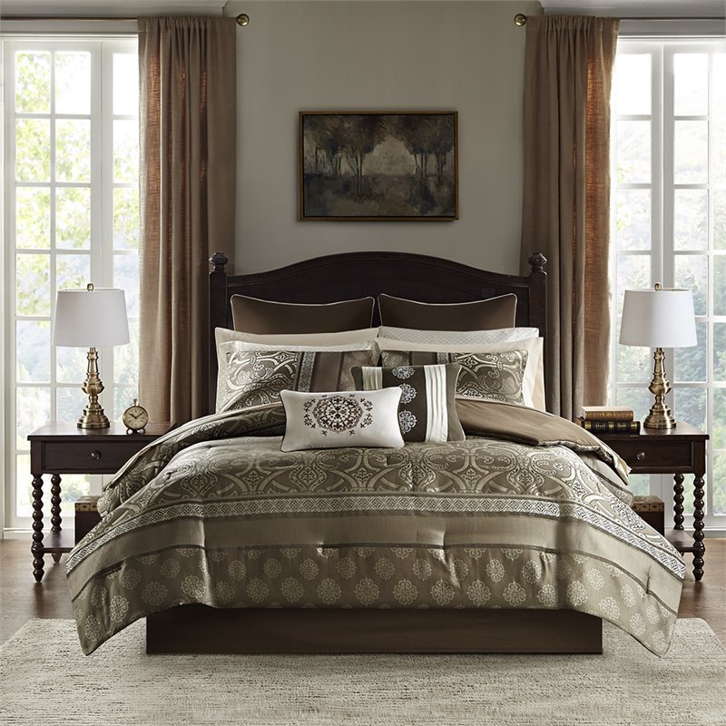 Madison Park Essentials Zara 16-Piece Polyester Jacquard Comforter Set in Brown