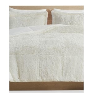 Intelligent Design Malea Polyester Back Shaggy Long Fur Comforter Set in Ivory