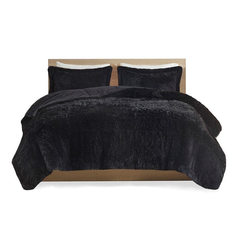 Intelligent Design Malea Polyester Back Shaggy Long Fur Comforter Set in Black