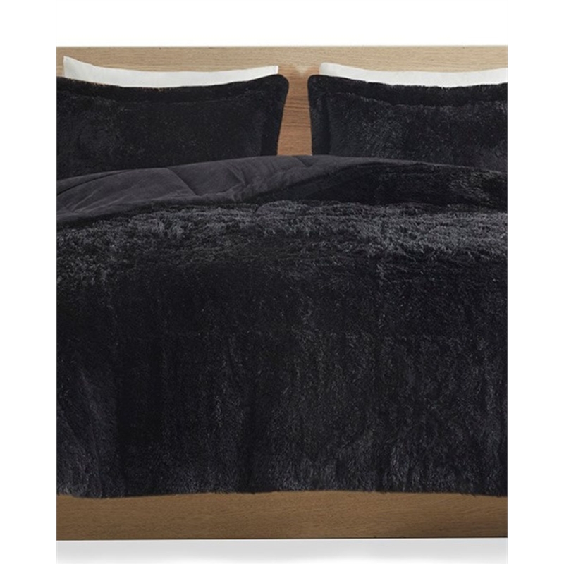 Intelligent Design Malea Polyester Back Shaggy Long Fur Comforter Set in Black