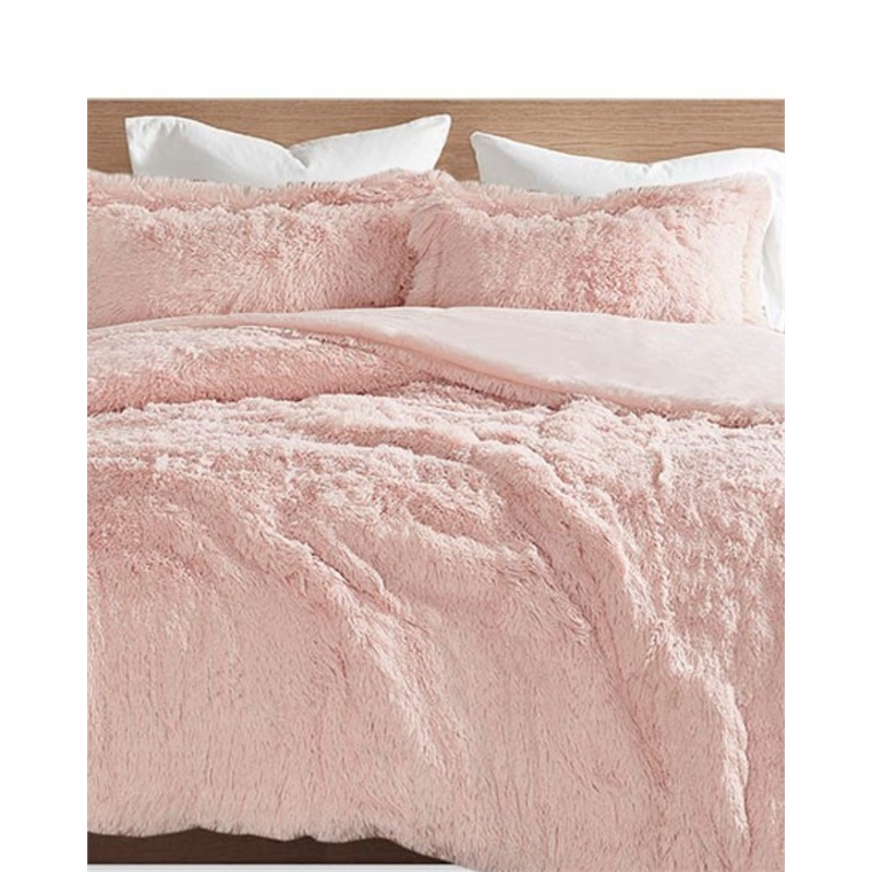 Intelligent Design Malea Polyester Solid Shaggy Fur Duvet Cover Set in Pink