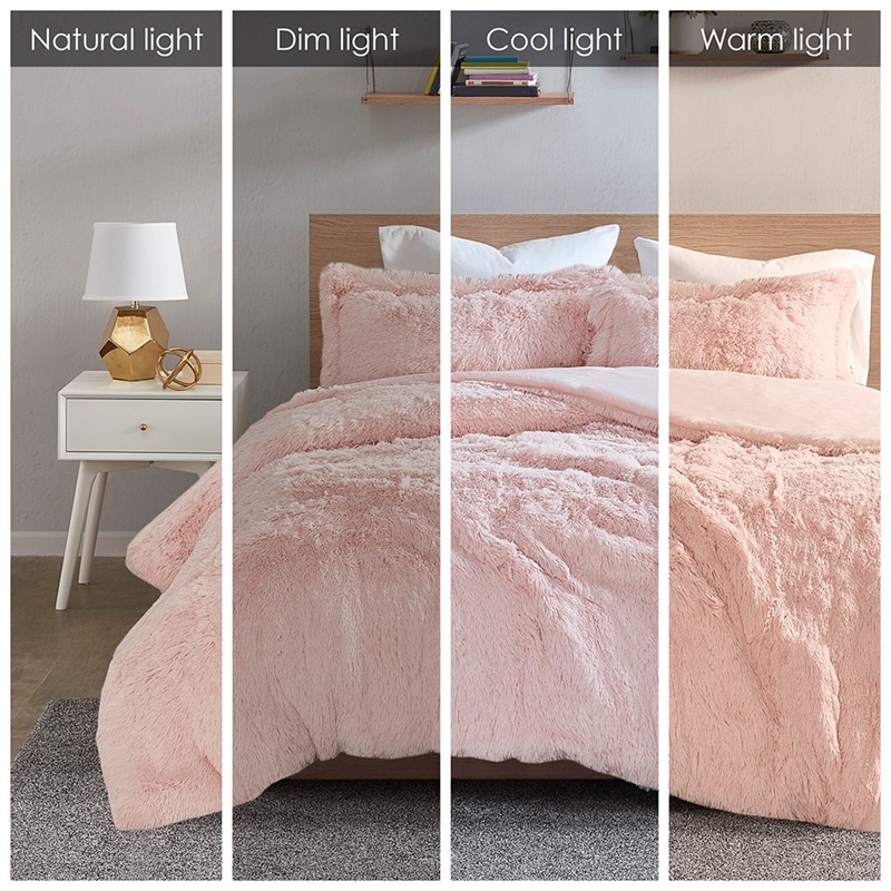 Intelligent Design Malea Polyester Solid Shaggy Fur Duvet Cover Set in Pink