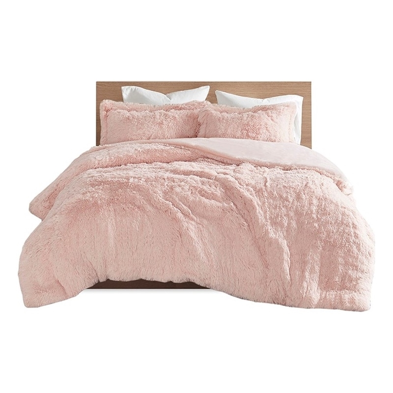 Intelligent Design Malea Polyester Solid Shaggy Fur Duvet Cover Set in Pink