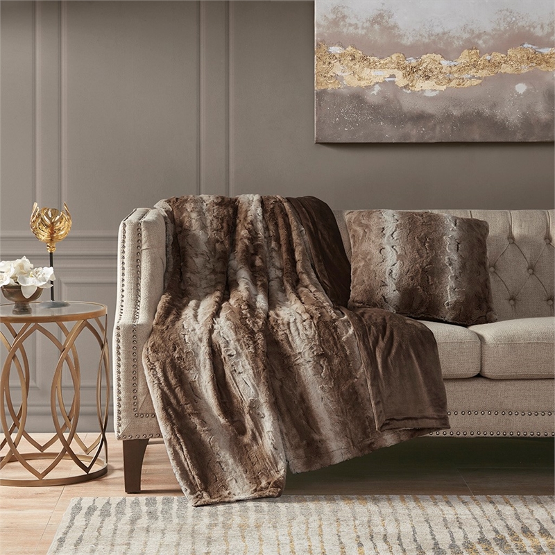 Madison Park Modern Polyester Faux Tip Dyed Brushed Long Fur Pillow in Tan