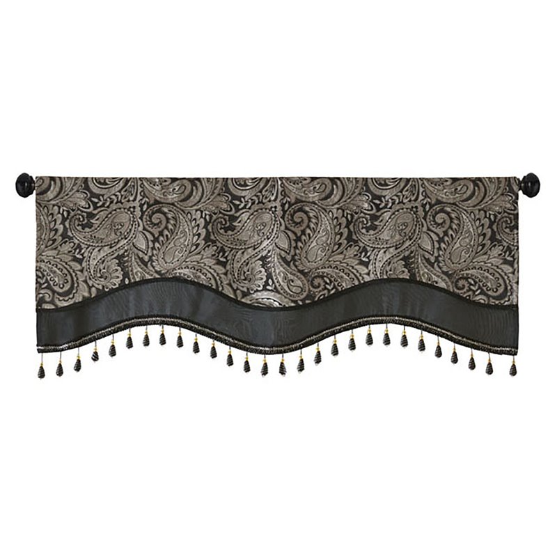 Madison Park Aubrey Polyester Jacquard Window Valance with Beads in Black/Gold