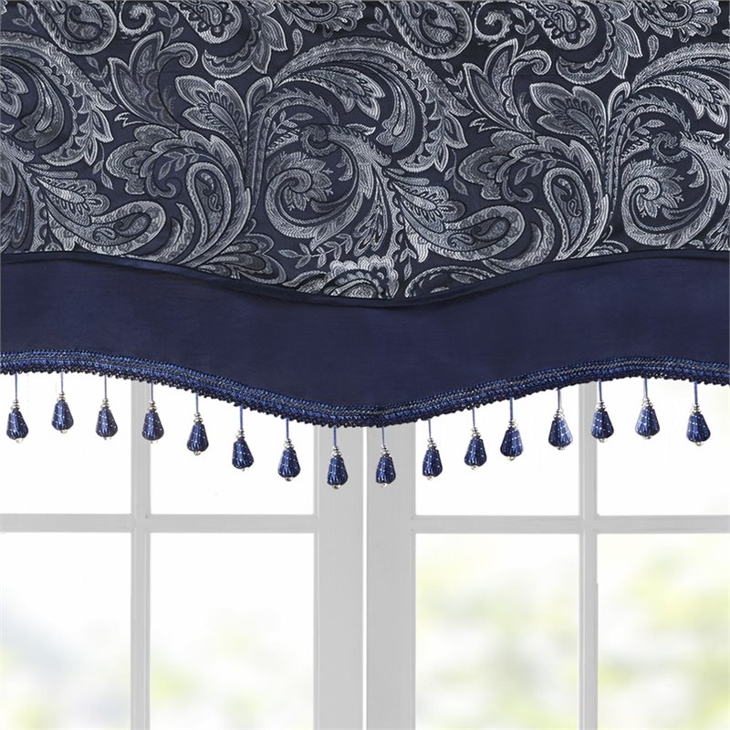 Madison Park Aubrey Polyester Jacquard Window Valance with Beads in Navy/Ivory