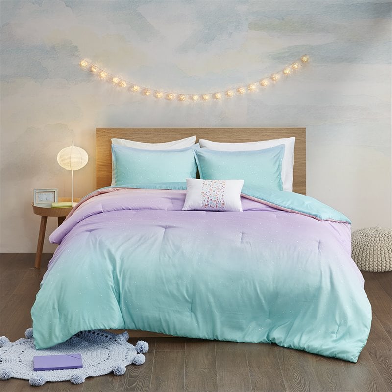 Mi Zone Glimmer Polyester Glitter Printed Comforter Set in Aqua Blue
