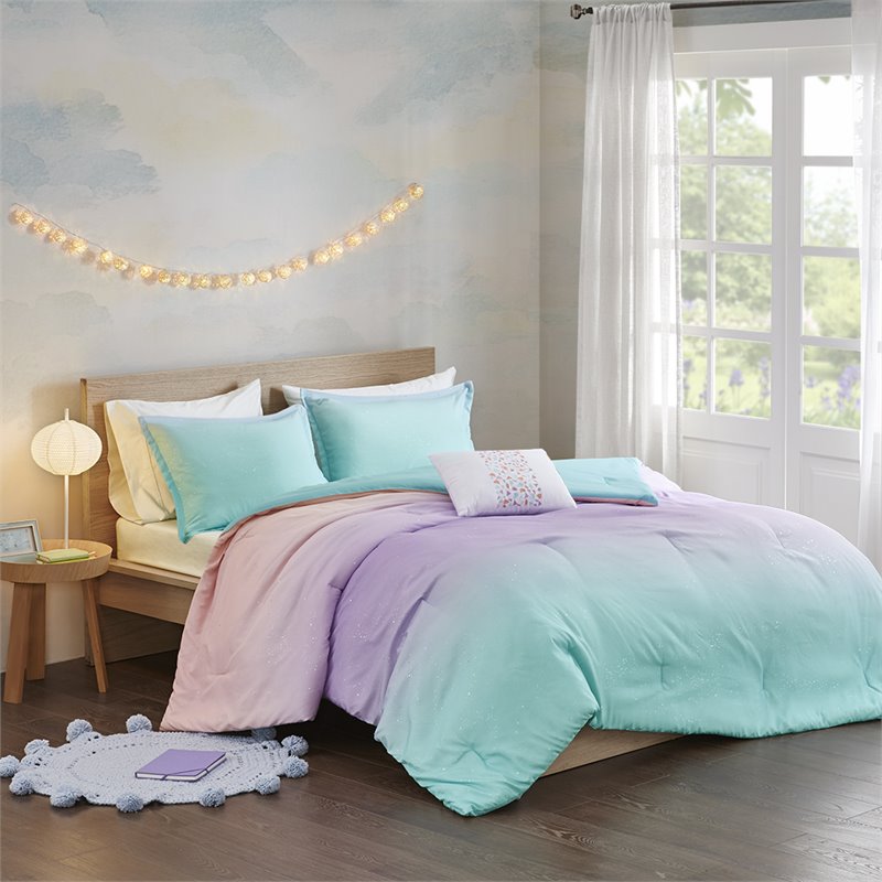 Mi Zone Glimmer Polyester Glitter Printed Comforter Set in Aqua Blue