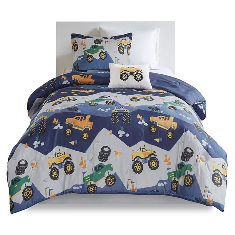 Nash Polyester Brushed Printed Comforter Set in Blue-Gray