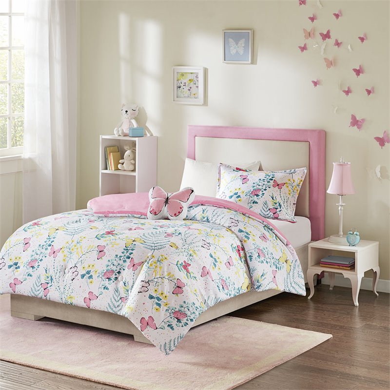 Cynthia Polyester Printed Butterfly Comforter Set in Pink