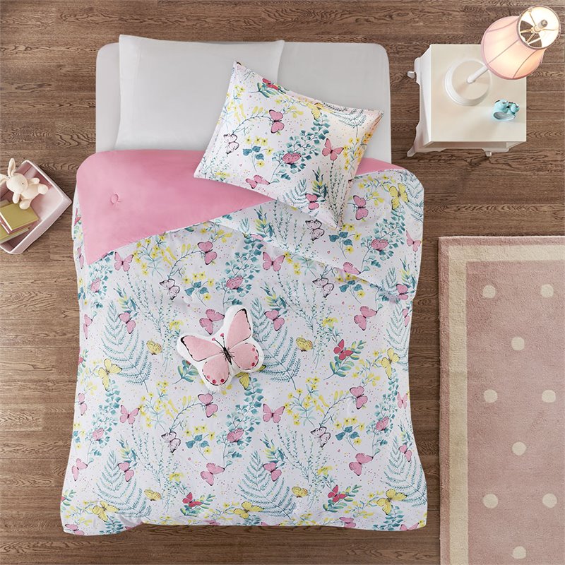 Cynthia Polyester Printed Butterfly Comforter Set in Pink