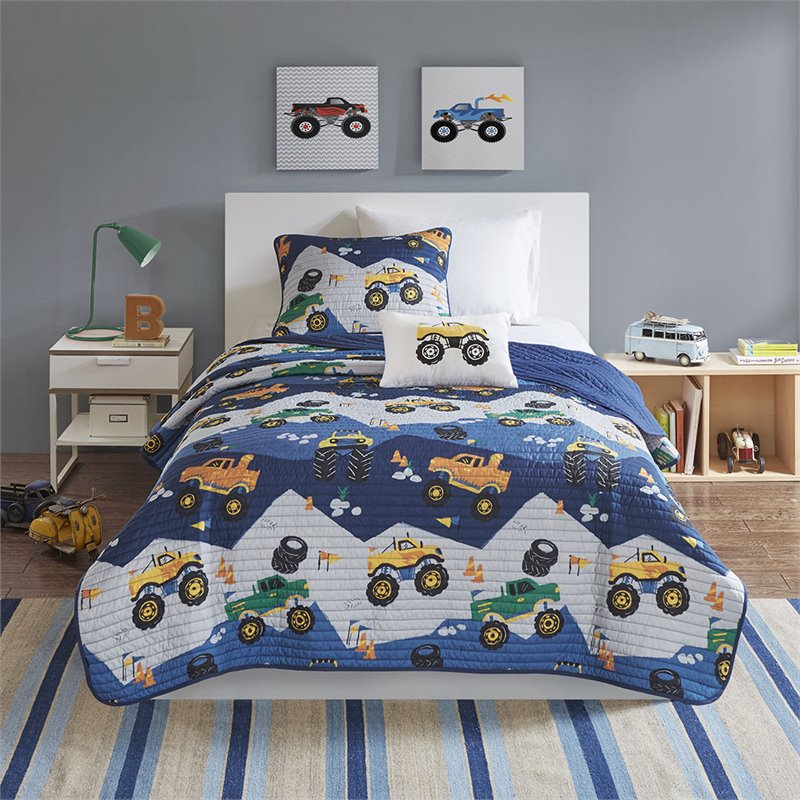 Nash Contemporary Polyester Brushed Coverlet Set in Blue-Gray