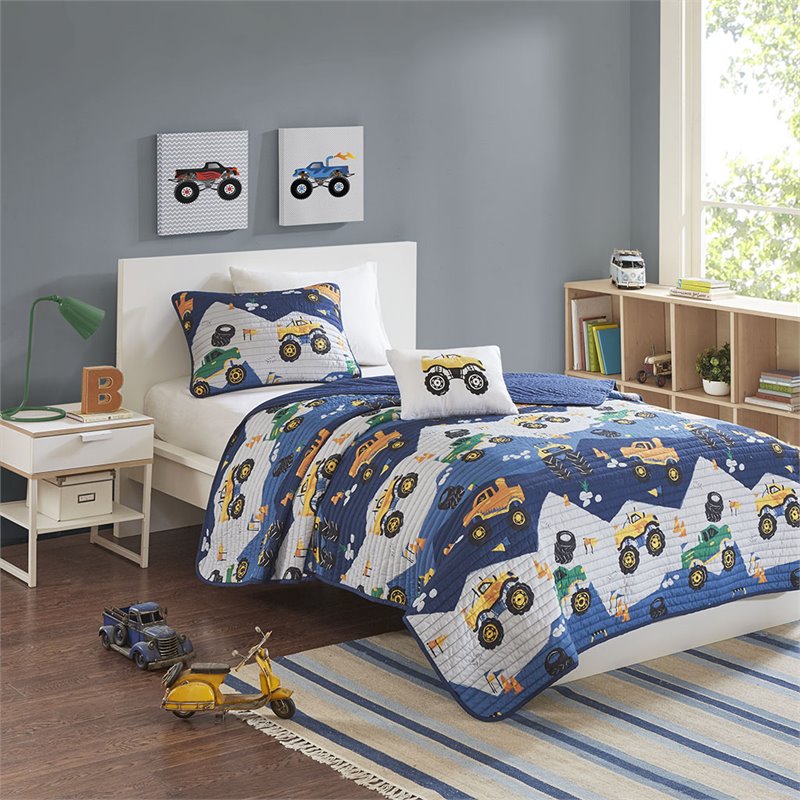 Nash Contemporary Polyester Brushed Coverlet Set in Blue-Gray