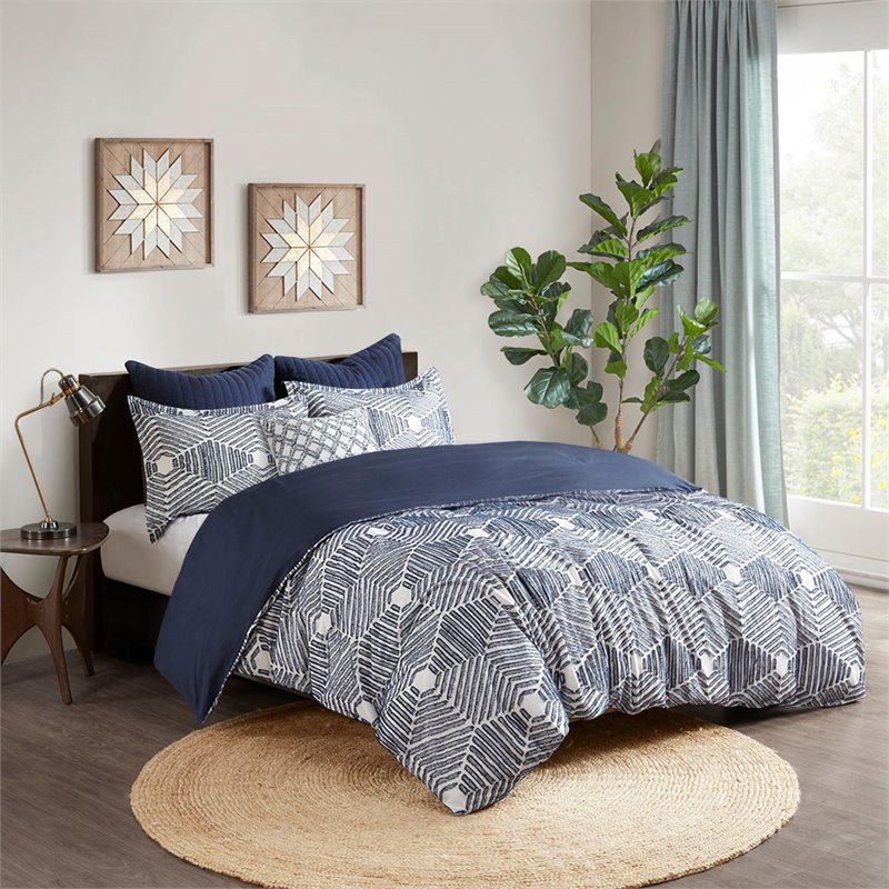 INK+IVY Ellipse Cotton Clipped Jacquard Comforter Set in Navy