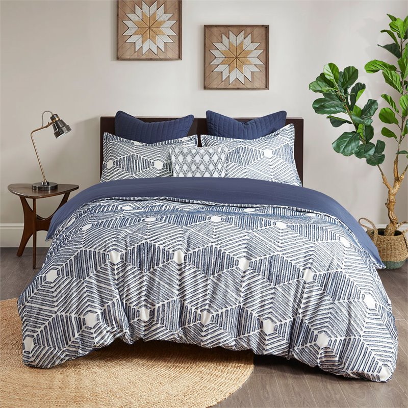 INK+IVY Ellipse Cotton Clipped Jacquard Comforter Set in Navy