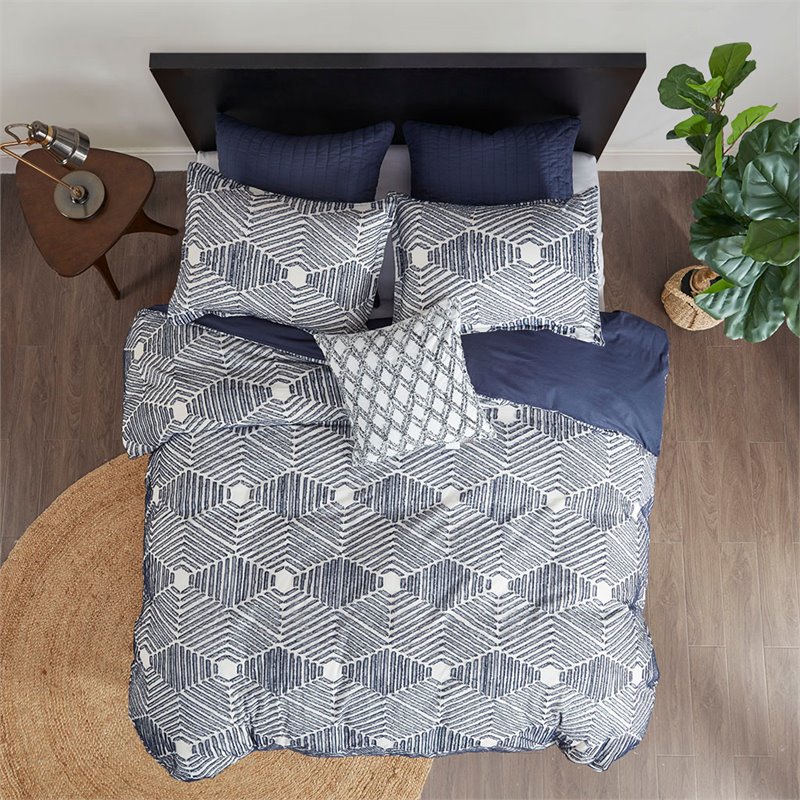 INK+IVY Ellipse Cotton Clipped Jacquard Comforter Set in Navy