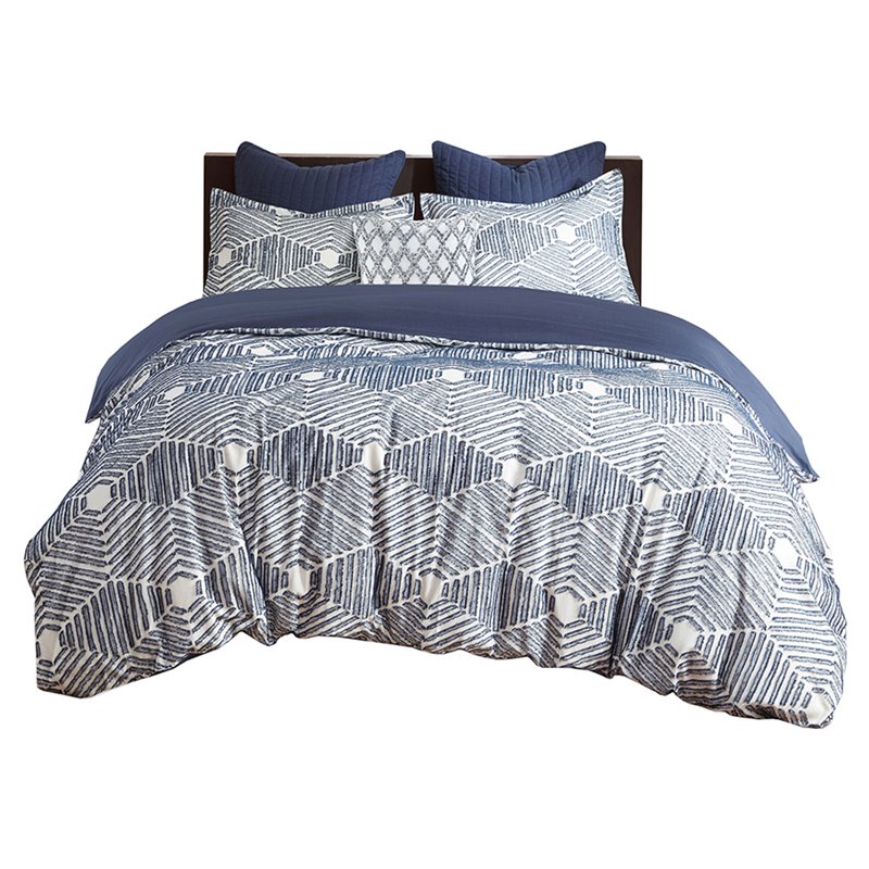 INK+IVY Ellipse Cotton Clipped Jacquard Comforter Set in Navy