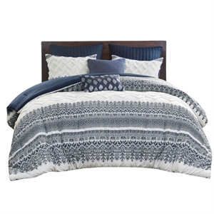 INK+IVY Mila 3-Piece Cotton Printed Comforter Set with Chenille in Navy